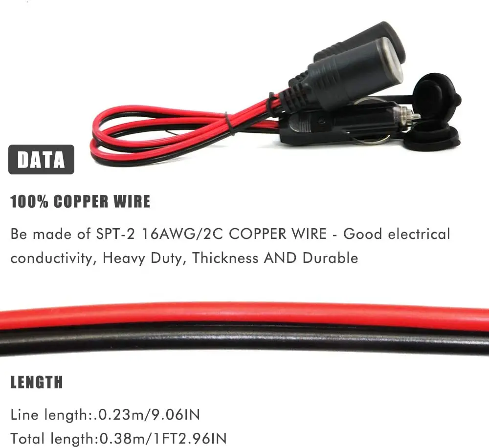 2 Way Cigarette Lighter Extension Cord 1 to 2 Sockets Car Cigarette Lighter Splitter Power Adapter Male Plug to Female Socket