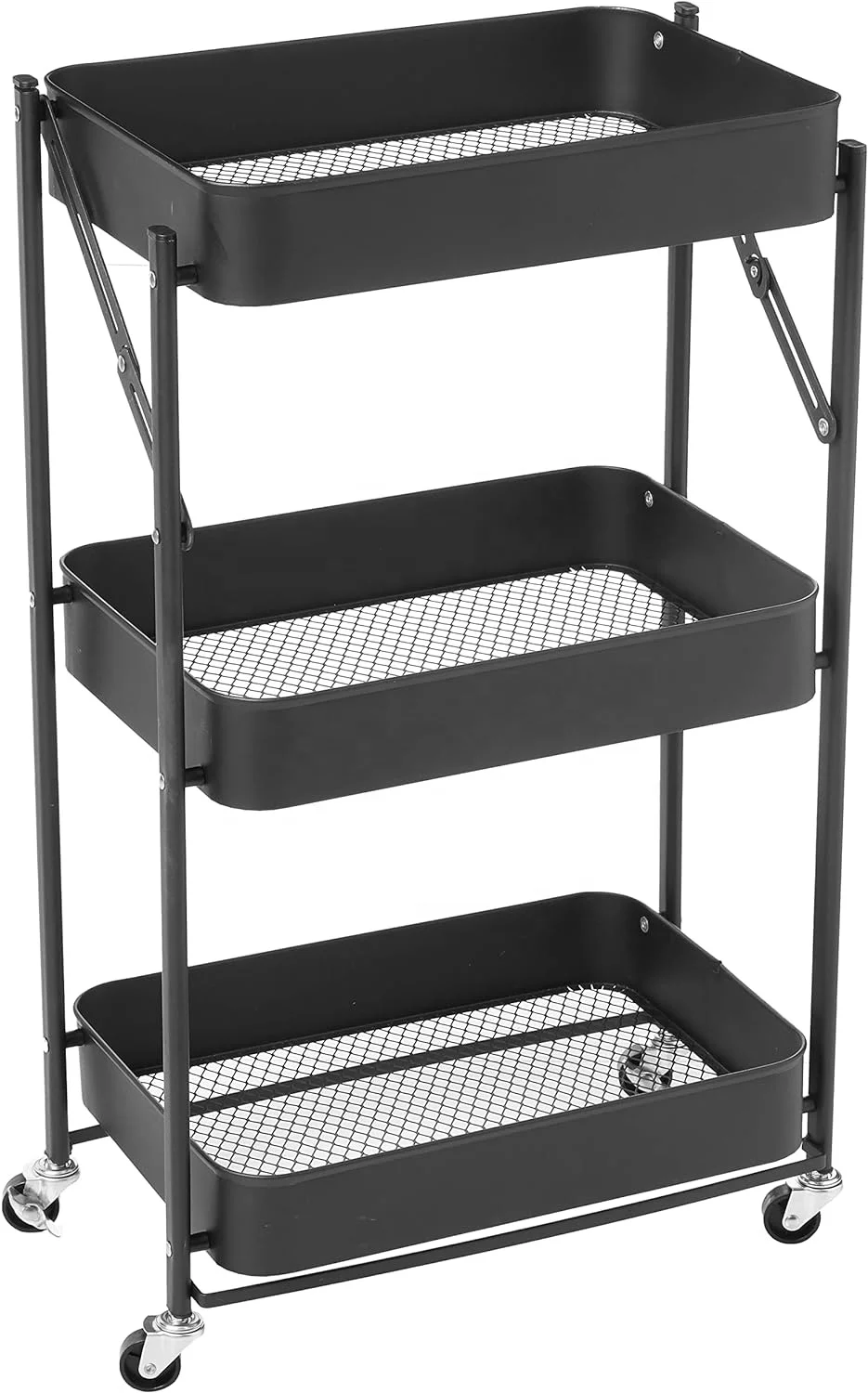 3 Tier Rolling Utility Kitchen Portable Folding Cart Shelves Multifunction Tool Trolley Service Cart With Mesh Basket Handles