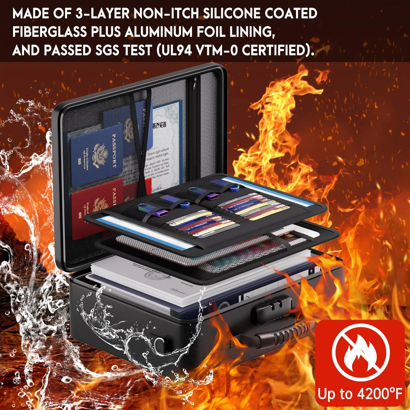 File Bag with Lock Fireproof Document Bag File Storage Case Travel Home  Storage Document Organizer for Laptop Certificates