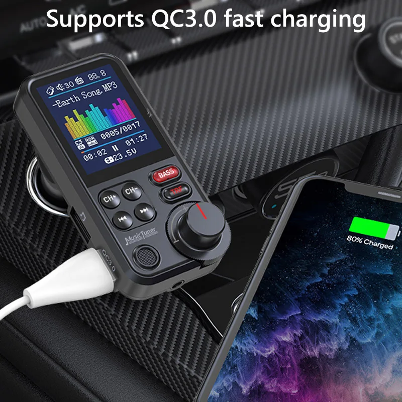 Large Color Screen Handsfree Car Kit QC3.0 Fast Charging Bass  Music Aux Audio Receiver 3.5Mm FM Transmitter Bass Car Mp3 Player