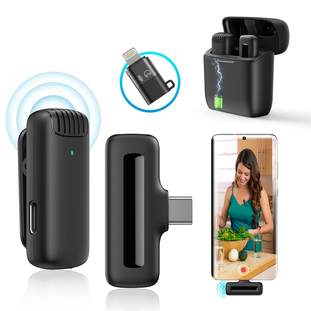 Wireless Lapel Lavalier Microphone Noise Reduction Live Interview Mobile Phone Recording Mic for iPhone Type C with Charging Box