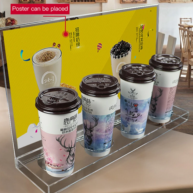 Milk tea shop clear acrylic display stand Beverage store cup holders Poster Promotion display Desktop table sign display