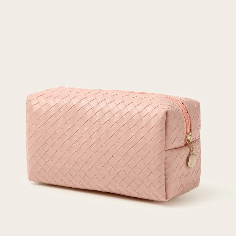 Portable travel PU woven pattern zipper makeup bag brown cosmetic bags