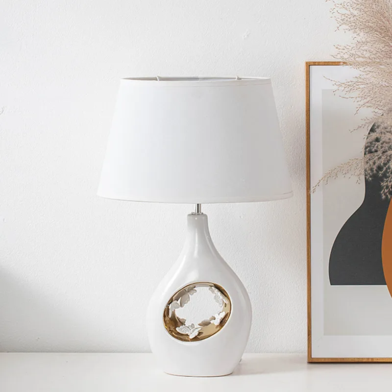 Butterfly decor handmade ceramic table light hotel living room bed side nightstand lamps with white fabric shade