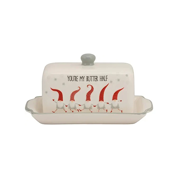 christmas decal ceramic porcelain white butter dish plate with lid