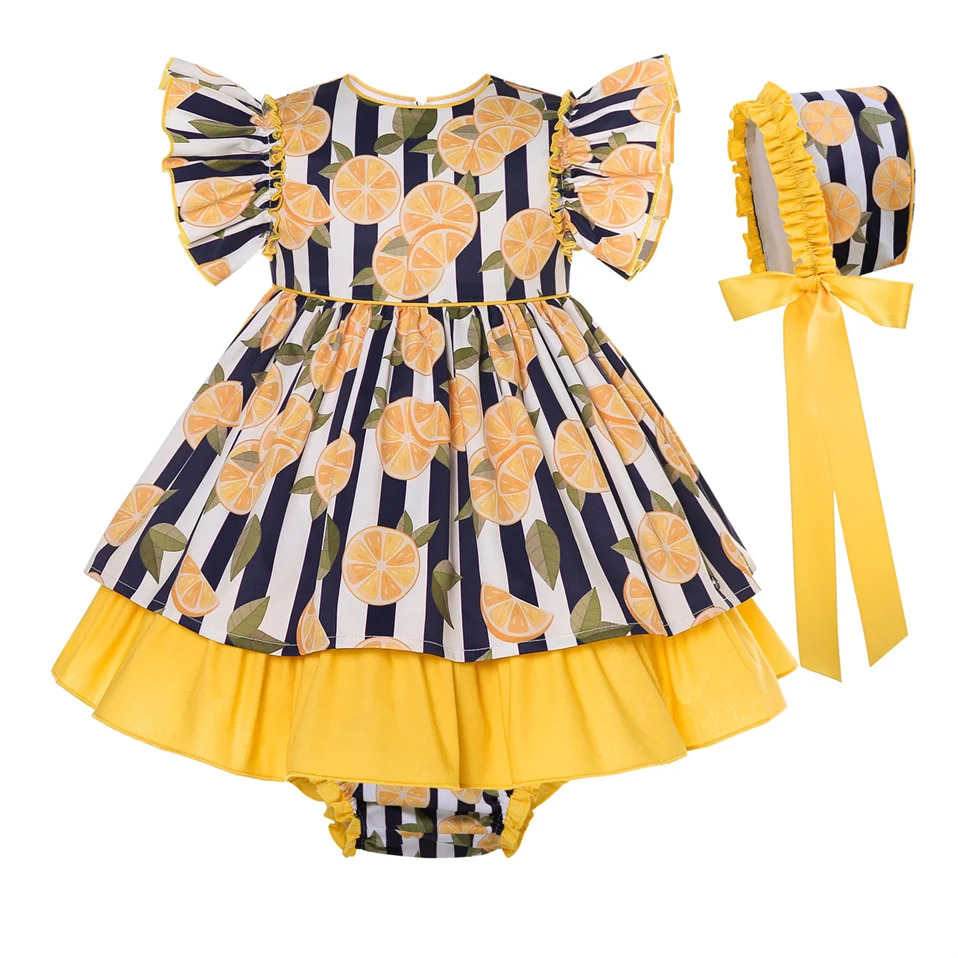 Pettgirl Wholesale Dresses Girl Baby Clothes Set Newborn Children Fancy Orange Printing Cute Kids Designer Costume 6 9 12 18 24M