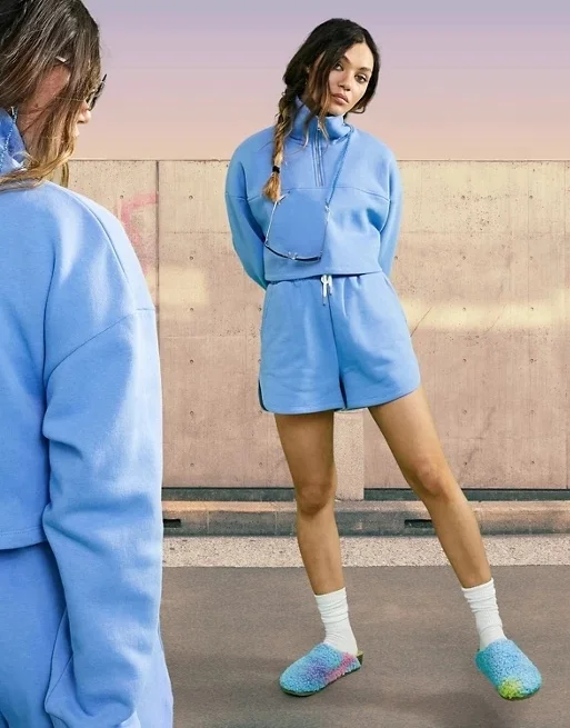 Knitted High Neck Long Sleeve Zip Up Sweatshirt & Drawstring Elastic Waist Shorts Training Tracksuit for women set