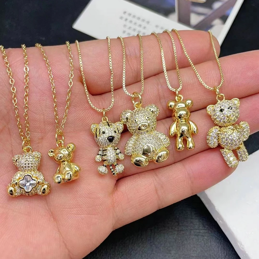 Cute Style Fashion Design Electroplating Jewelry Little Bear  Cubic Zircon Pendant With Brass Box Link Chain Necklace