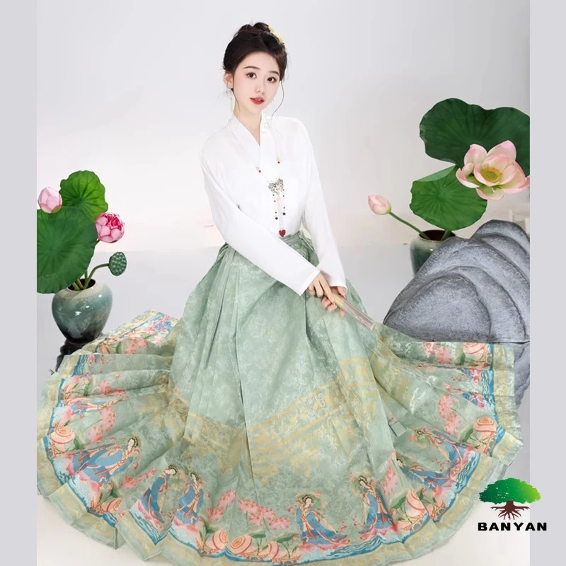 Spring Autumn Styles Slimming Hanfu New Women Adults Original Lotus Immortal Ming Style Horse Face Skirt Hanfu Dress