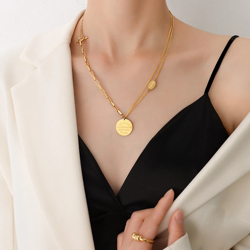 Ot Buckle English Letter Round Plate Pendant Necklace, Stainless Steel Jewelry 18K Gold Plated Chain