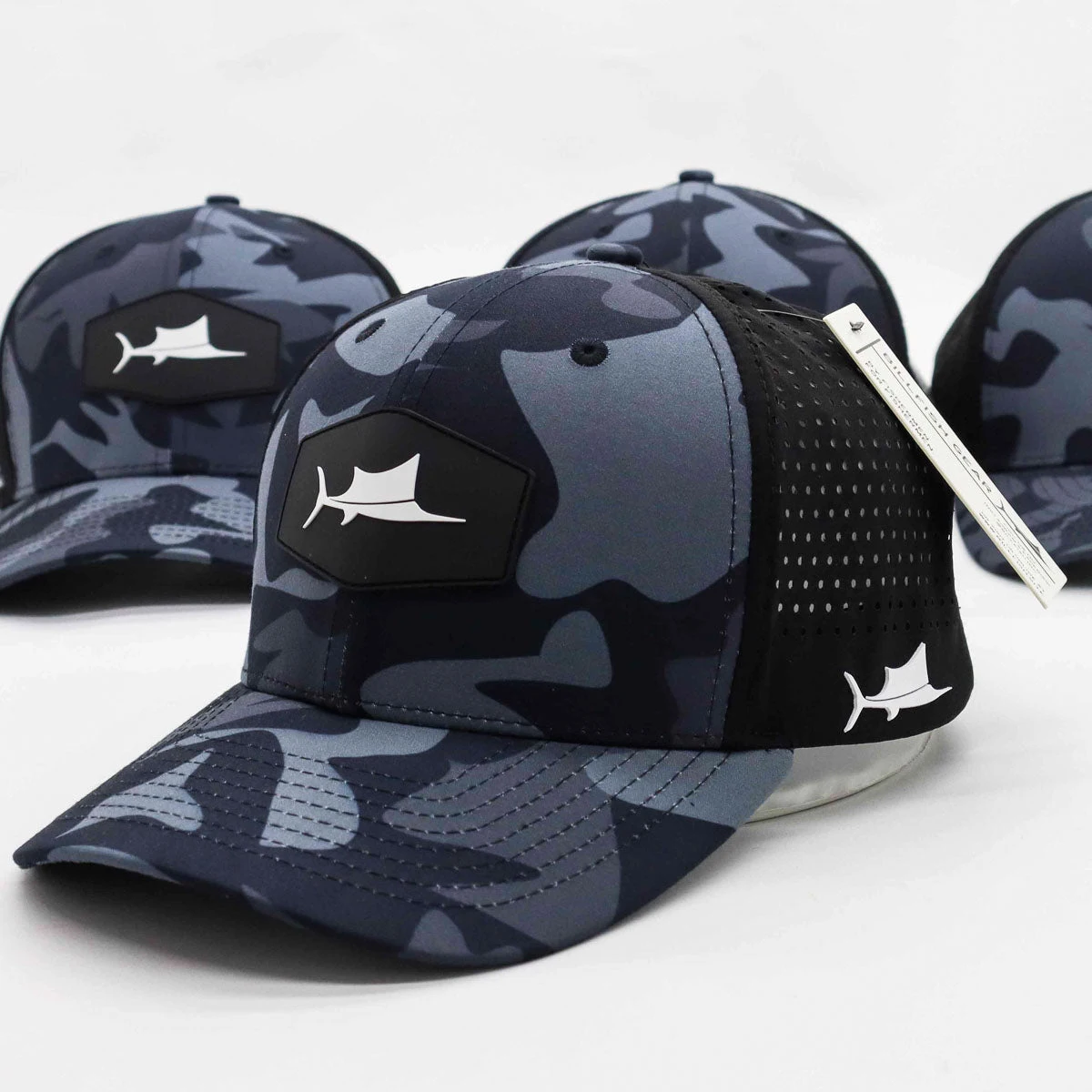 custom 6 panel laser cut perforated fishing cap with rubber patch snapback waterproof sports caps camo dry fit trucker hat