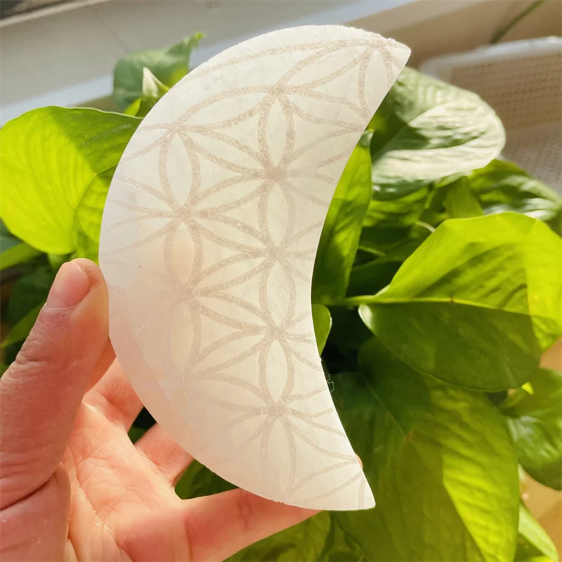 Natural Healing Gemstone Creative Flower Of Life Crystal Crafts Moon Shape Selenite Bowl  For Sale