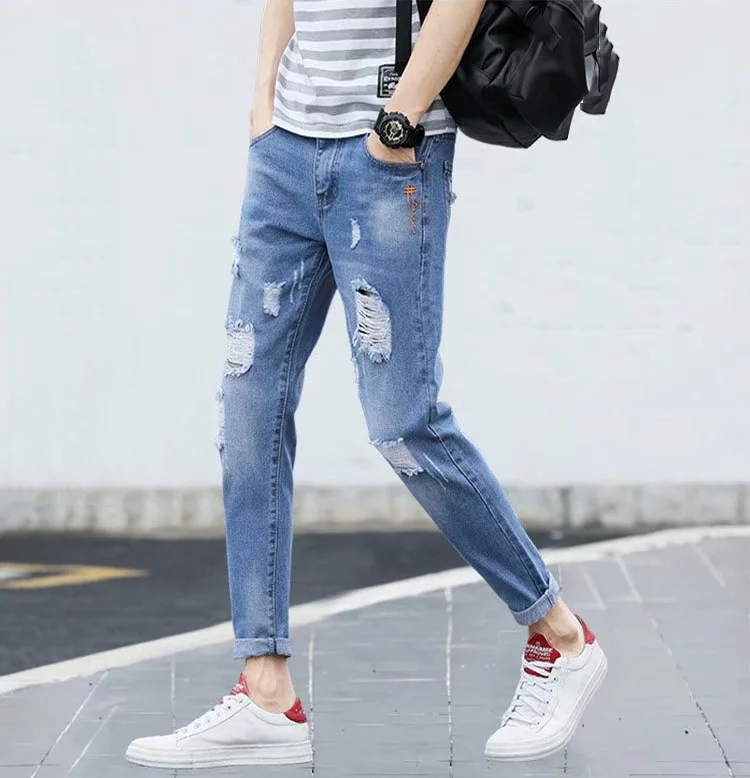 Dropshipping Ripped Nine Points Jeans Boys Men Man Boy Fashion Trend Slim Skinny All-match Jeans Pants Factory