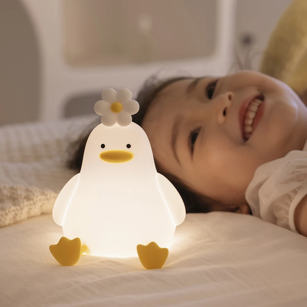 New Creative Cute Flower Duck LED Tap Sensor Light Silicone Bedside Table Lamp Kids Room Decor Sleeping Night Light