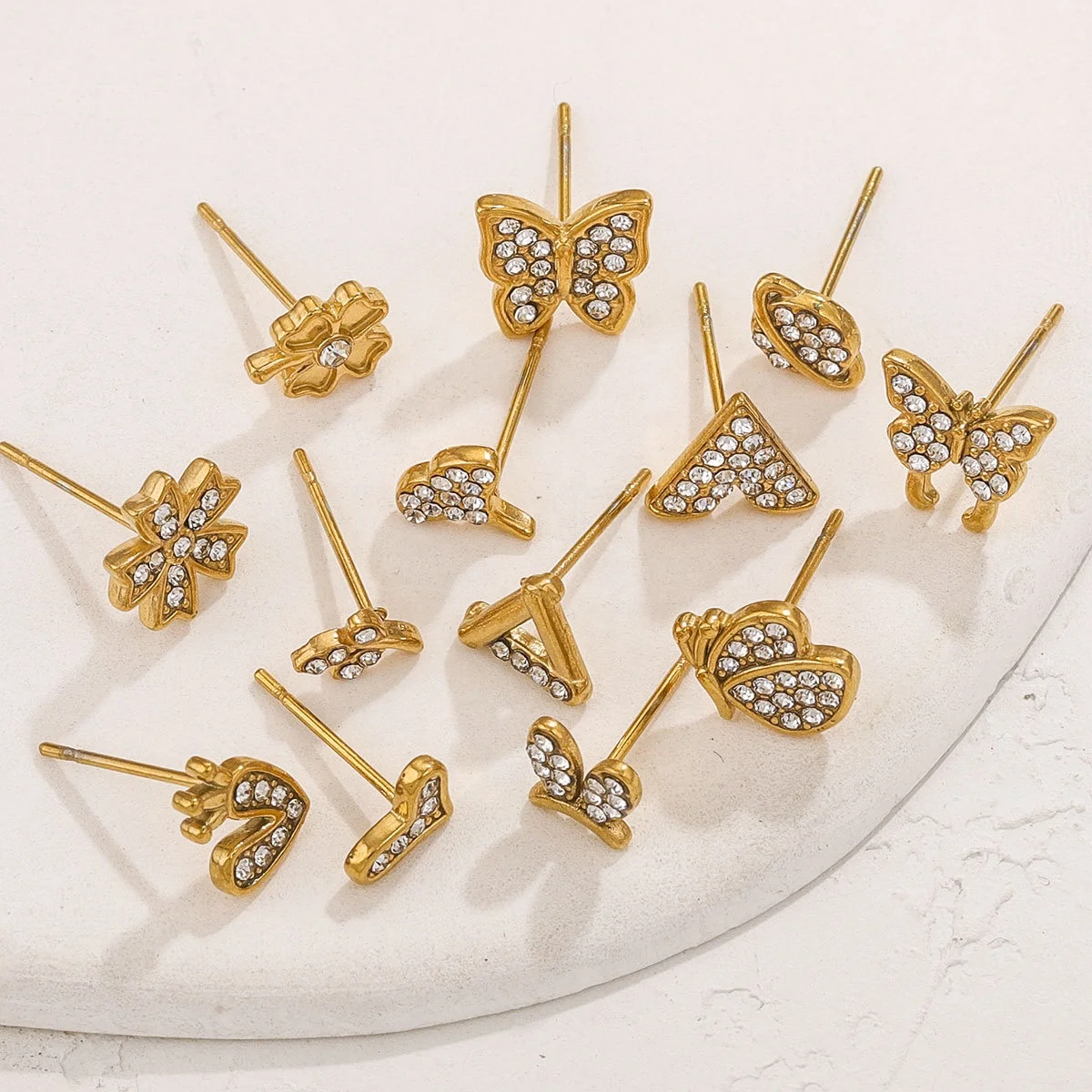 Tiny Cute Rhinestone 18k Gold PVD Plated 316L Stainless Steel Heart Butterfly Star Stud Earrings Women Girl Jewelry Wholesale