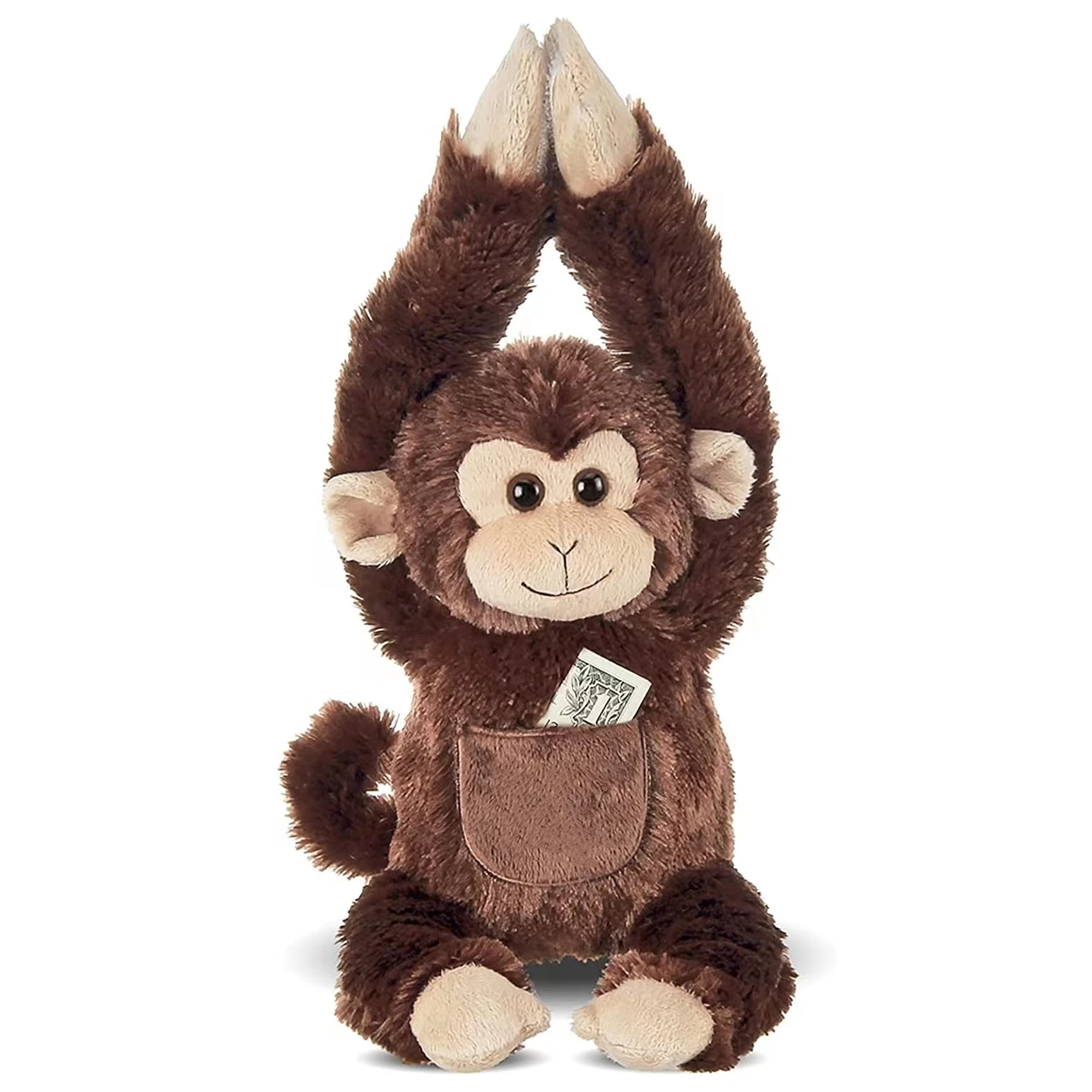 Customized any size brown soft monkey doll with small pocket stuffed animal toy plush monkey OEM design professional factory