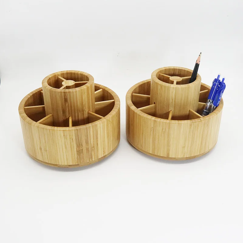Rotating Pencil Holder with 11 Compartments wooden Office stationary accessories Bamboo Pen Holder 360 degree desk organizer