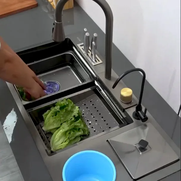 Voriva Luxury Waterfall Kitchen Sink Stainless Steel China Farmhouse Sink Big Single Bowl with Dish Rack Under Mount Sinks