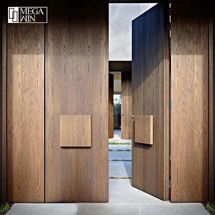 American Red Oak Solid Wooden Handle Vertical Design Exterior Modern Double Leaf Front Door With Sidelite