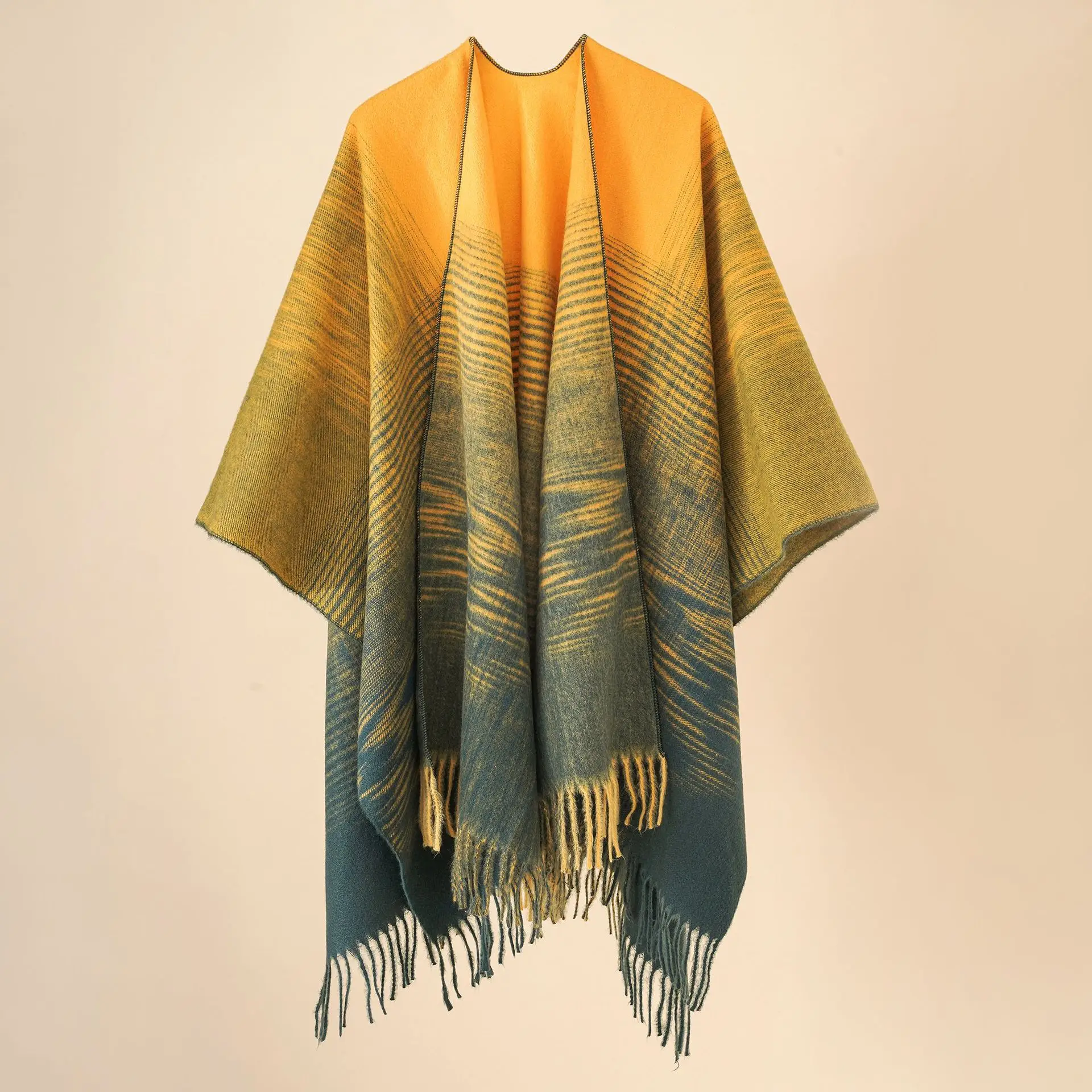 2024 new gradient plaid shawl with outer cloak autumn and winter blanket warm tassel jacket