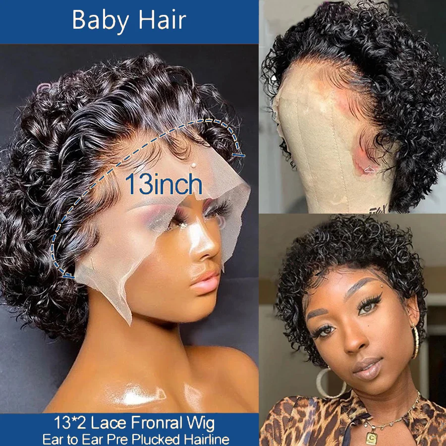 180% Плотность короткий кудрявый парик вырез Фея натуральные черные человеческие волосы 13x4 парик с отбеленным узлом для женщин