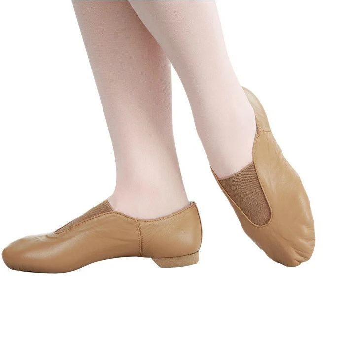 Full Size Range Soft Genuine Pig Leather Slip On Split Sole  Dance Tan Leather Jazz Shoes