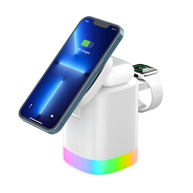 2022 New 3-in-1 RGB Light Mini Magnetic Wireless Charger Foldable 15W Fast Qi Lamp Wireless Charging Station for iphone 14 13 12