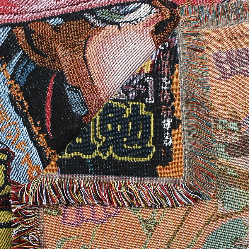 Custom Jump Anime Jacquard Woven Throw with Tassel Recycled Cotton Outdoor Picnic Tapestry Blanket