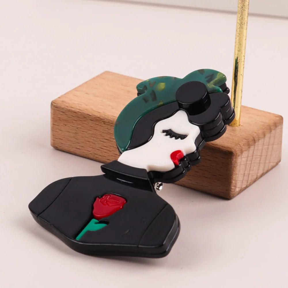 Vintage Acetate Pin Elegant Woman wearing Hijab Rose Sweater Corsage Acrylic Figure Brooch for Women Daily Life