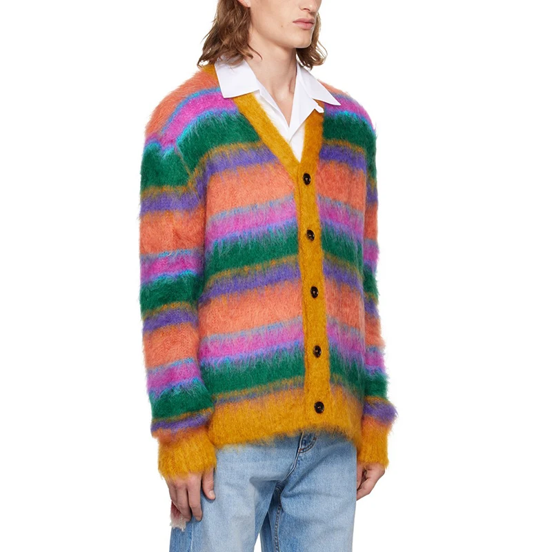 2023 Custom OEM & ODM mohair men sweater Fuzzy designer knitwear winter Striped mohair knitted custom Cardigan knit sweater men