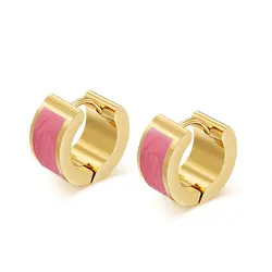 Wholesale Statement Earring Fashion Designed Cute 7mm Pink Enamel Stainless Steel Gold Plated Hoop Earrings For Girls