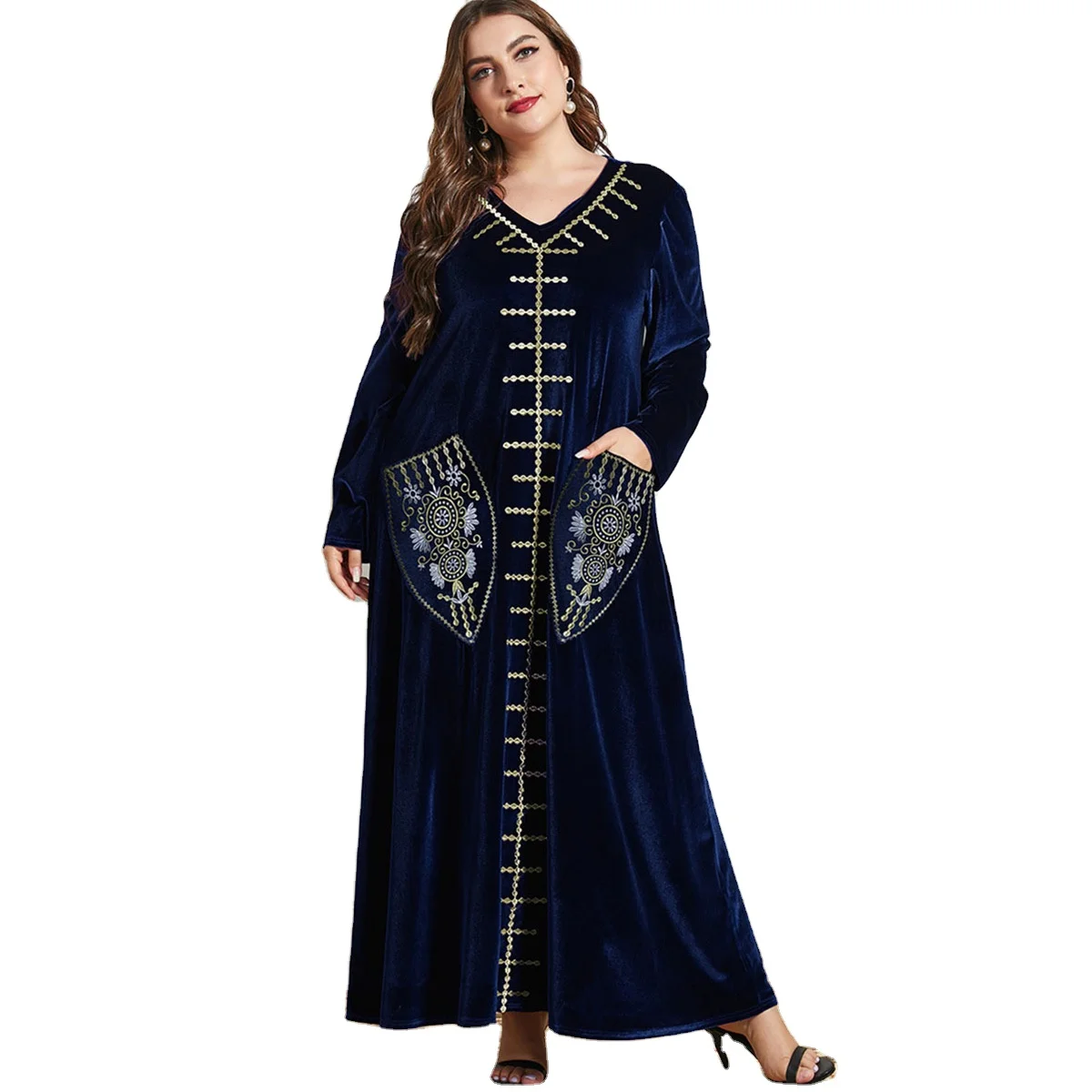 3CN04W Arabian dubai fashion long-sleeved velvet pocket turkish robe kaftan abaya women V-neck muslim clothes dress