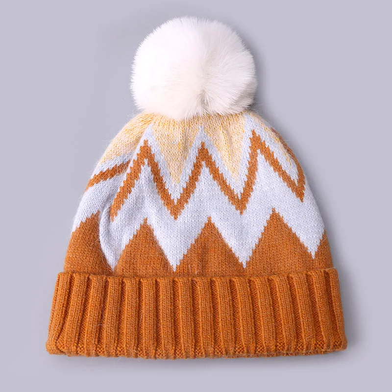 Winter Women Mixed Color Cuff Beanie Faux Fur Pompon Cute Knitted Stripe Patterned Wool Ski Cap Warm Custom Beanie Hat
