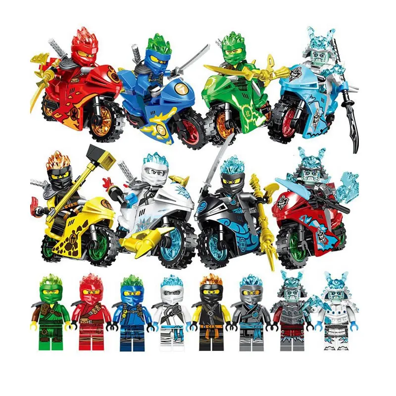 8Pcs Anime Action Figure Toys Collection Combat Ninja Go Minifigs with Motorcycles Mini Figures Building Set Kids Blocks Toys