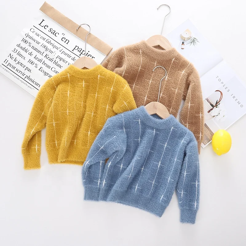 Детский Зимний пуловер B60300A в Корейском стиле, вязаный свитер с длинными рукавами и круглым вырезом