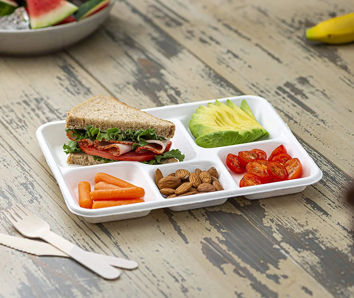 10.25inch 5 Compartment Biodegradable Sugarcane Bagasse Disposable Hospital School Lunch Paper Pulp Tray