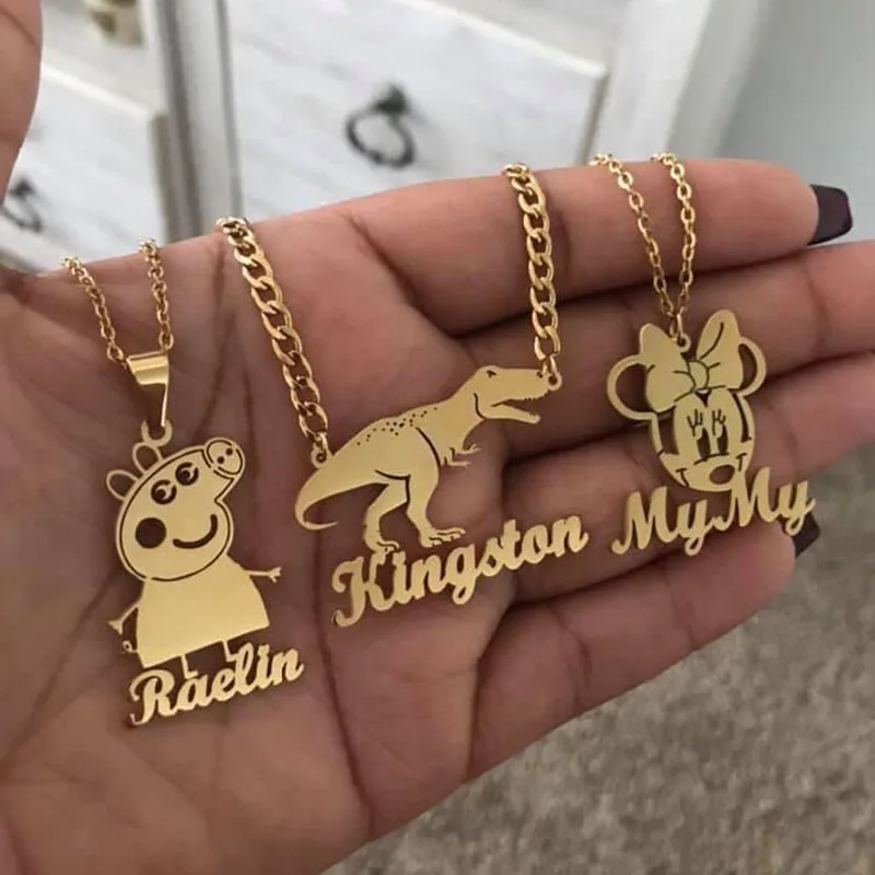 Luxury Fashion Real Gold 14K 18K Jewelry Ladies Chain Custom Signature Kids Name Cartoon Necklace Picture