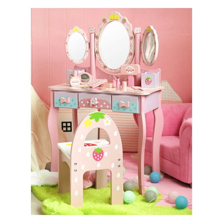 Baby Role Play Toy Wooden Pink Dressing Table Girls Two In One Pretend Kitchen Toy For Children Gift