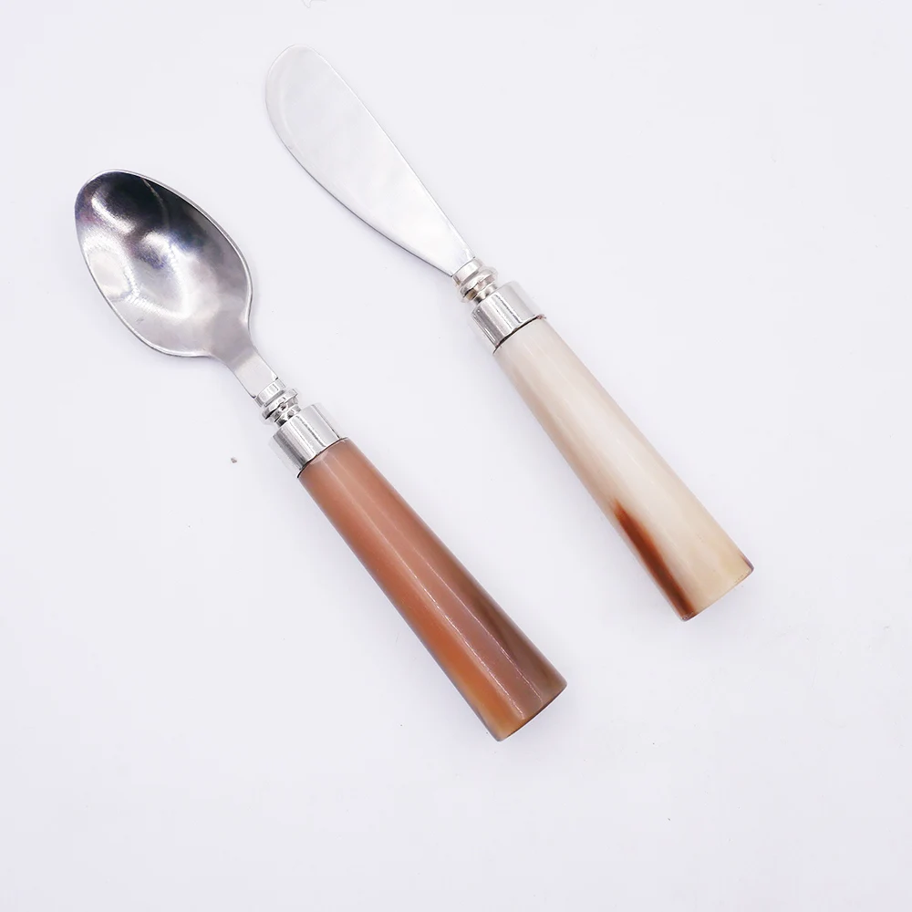 nature buffalo bull horn handle 304 stainless steel cutlery table dessert spoon and fork set