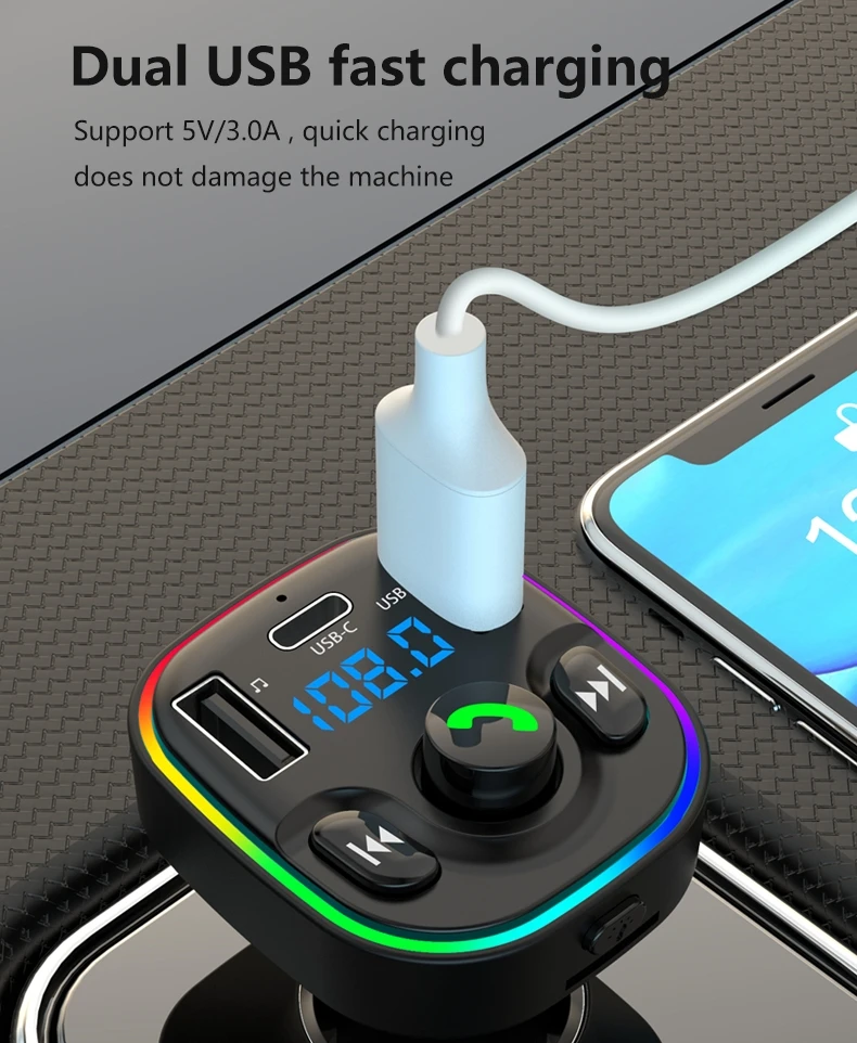 20W Universal 5V3A G47 Car LCD Bluetooth MP3 Player Hands-Free Dual USB Charger for IP13 PRO 7 8 Plus Mobile Phone Adapter