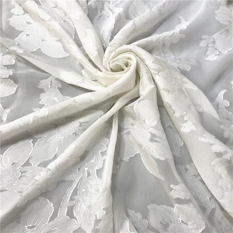 
White Bridal Fabric 14.5mm Floral Silk Viscose Fabric Jacquard Fabric for wedding dress 