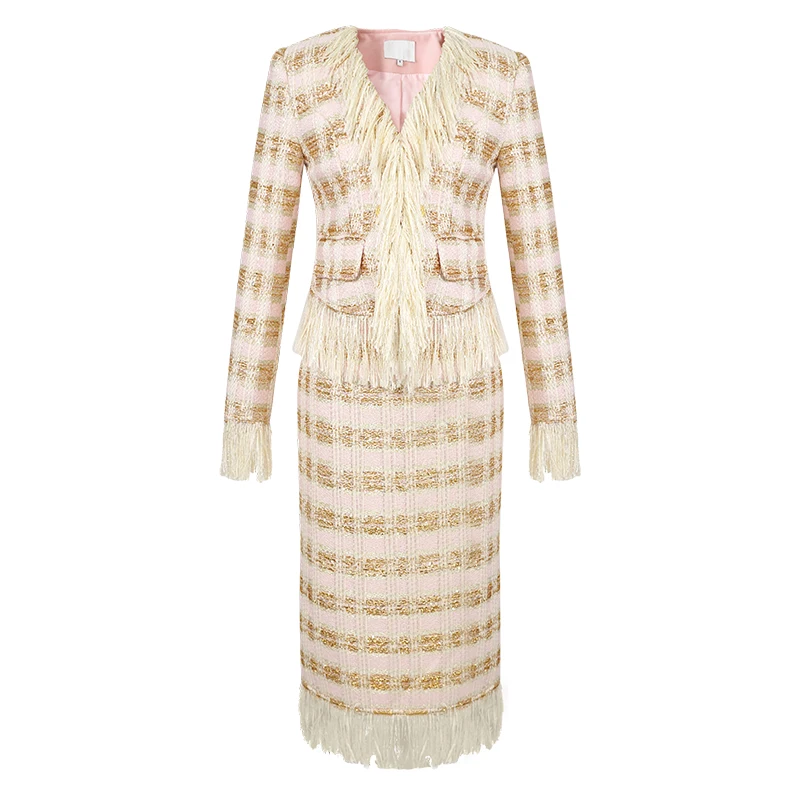 ZYHT 50679 Women Plaid Design Fringed Wool Tweed Two-piece Sets Spring Leisure Female Coat Jacket and Skirt Suit