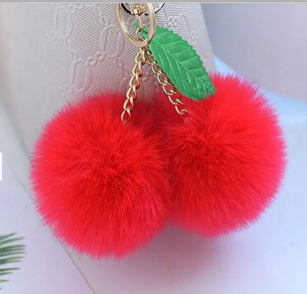Promotion Faux Fox Fur Double Ball Cherry  Pom Key ring for Bag Pendant Car key