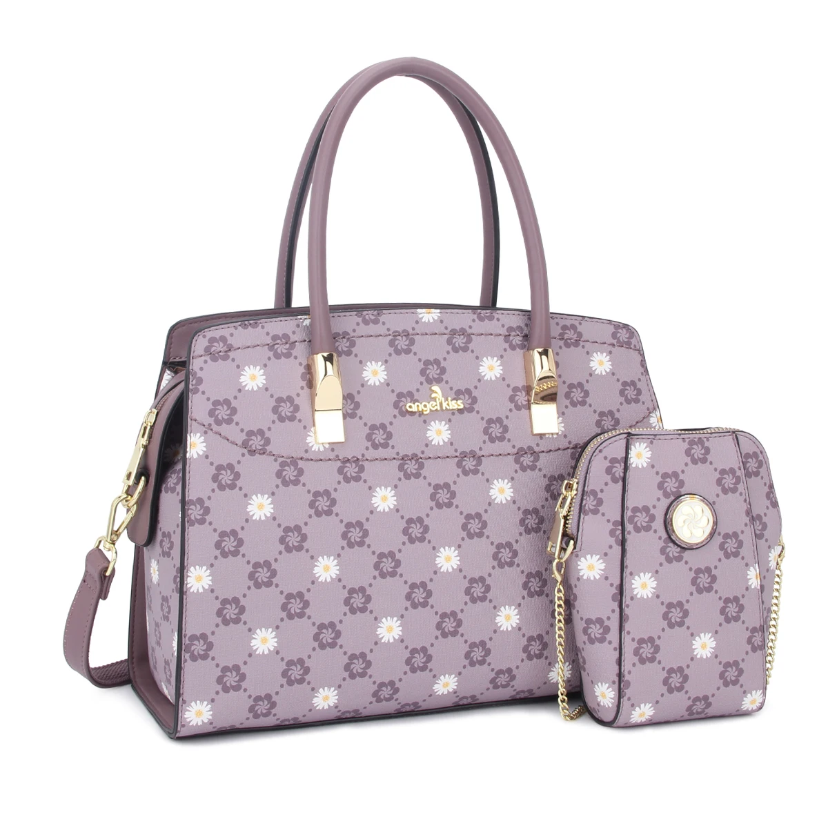 Angelkiss eco vegan pu leather stylish ladies mini purse and women hand bag tote waterproof handbag Sets 2 in 1 for Women