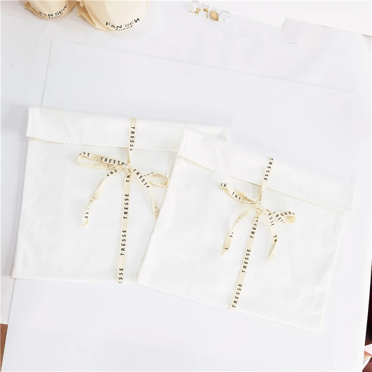 GOTS Organic Cotton Envelope Bags Fold over White Cotton Envelope Pouch Dust Clothes Pillow Pouch Bag With Cotton Bow