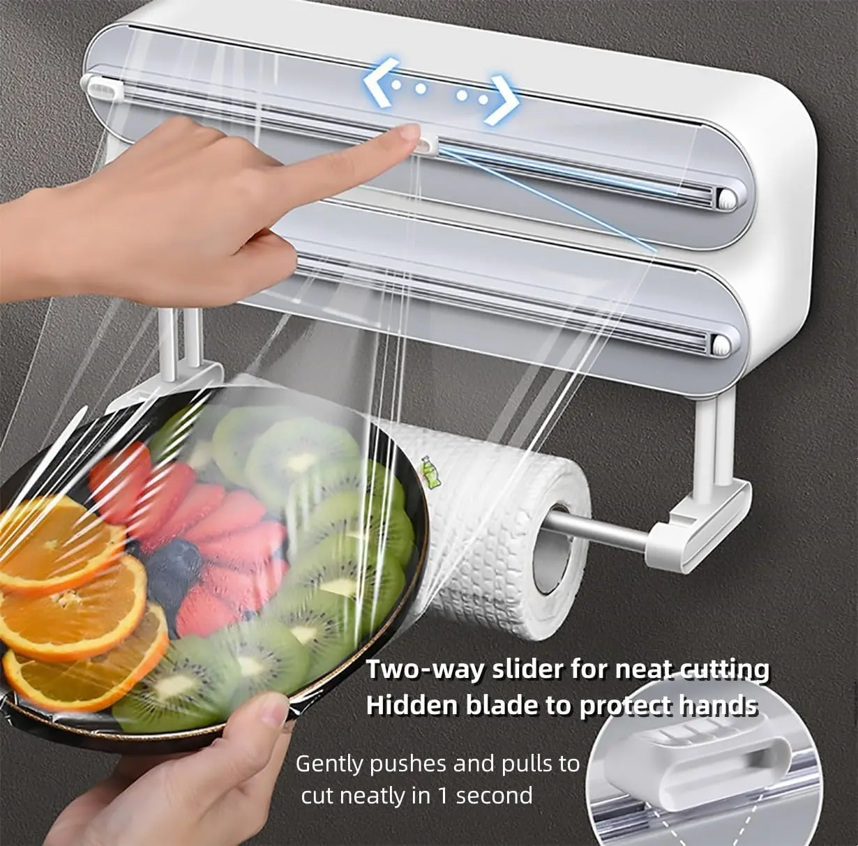 3-in-1 Kitchen Organizer Wall Mount Magnetic Rack Cling Film Dispenser Shelf for Towel Baking Paper Roll Foil Plastic Wrap