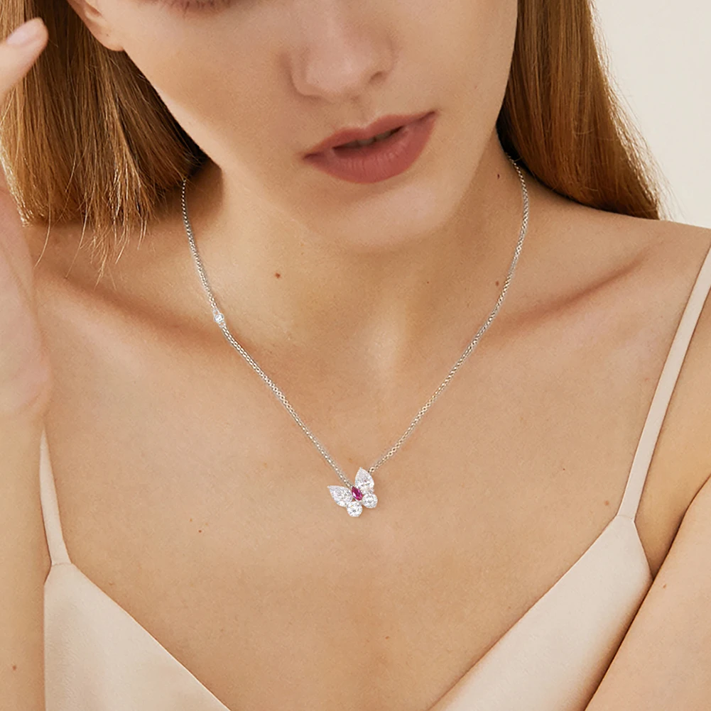 LZN08 RINNTIN Dainty Butterfly Chokers Necklace 925 Sterling Silver Created Ruby Diamond Pendant Necklaces for Women