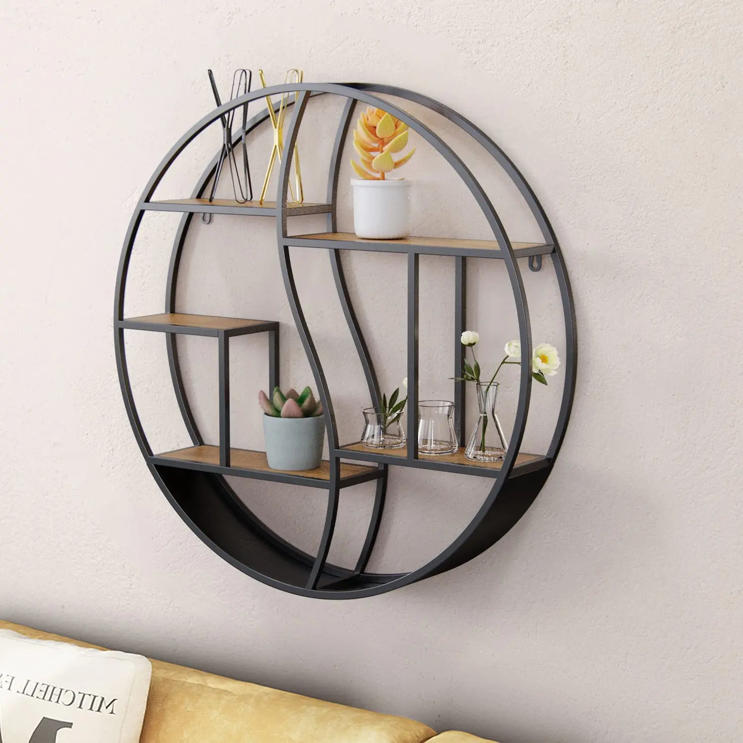 Floating Shelves Wall Mounted,Rustic Decor Wood Wall Shelf Round Metal Wall Mount Display Organizer Holder for Home Decor