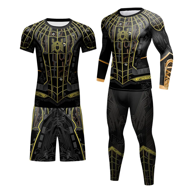 Wholesale Muscle Fit Rashguard MMA Shirts For Men Spiderman T Shirt Quick Dry Long Sleeve And Pants 4 Piece Set