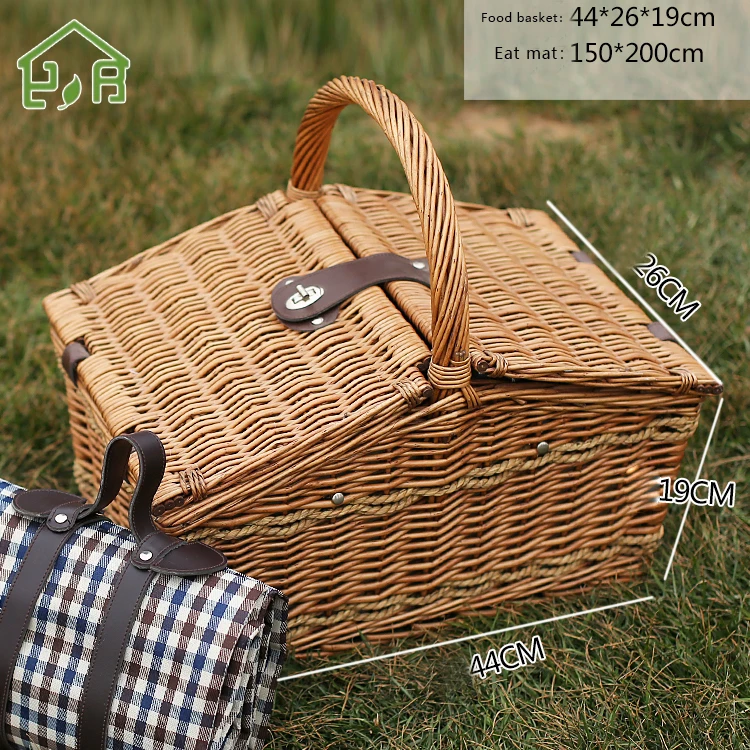 Outdoor Wicker Willow Picnic Hamper Basket with tableware Set for 4